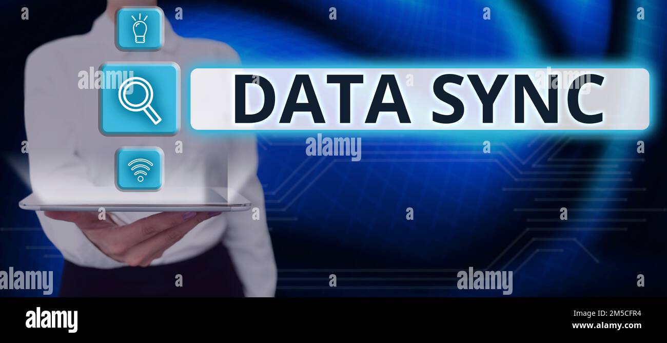 Conceptual caption Data Sync. Business idea data that is continuously generated by different sources Stock Photo