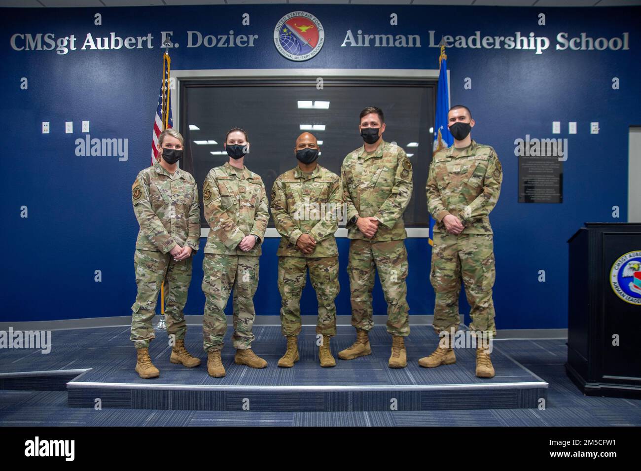 The Airman Leadership School (ALS) commandant and instructors pose for a photo in the Chief Master Sgt. Aubert E. Dozier ALS on March 1, 2022, at MacDill Air Force Base, Florida. The MacDill ALS team was recently nominated as the Air Mobility Command’s ALS of the Year and will compete against other major commands across the Air Force for ALS of the Year. Stock Photo