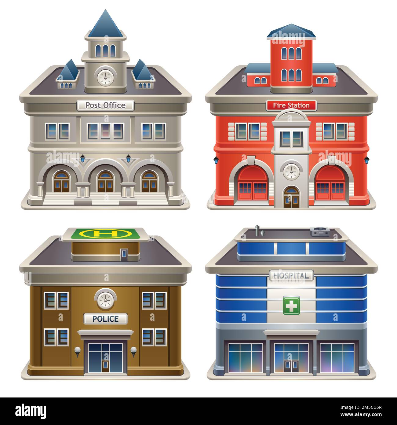 Buildings. Social services. Post office, fire station, police department and hospital. Eps 10. Stock Vector