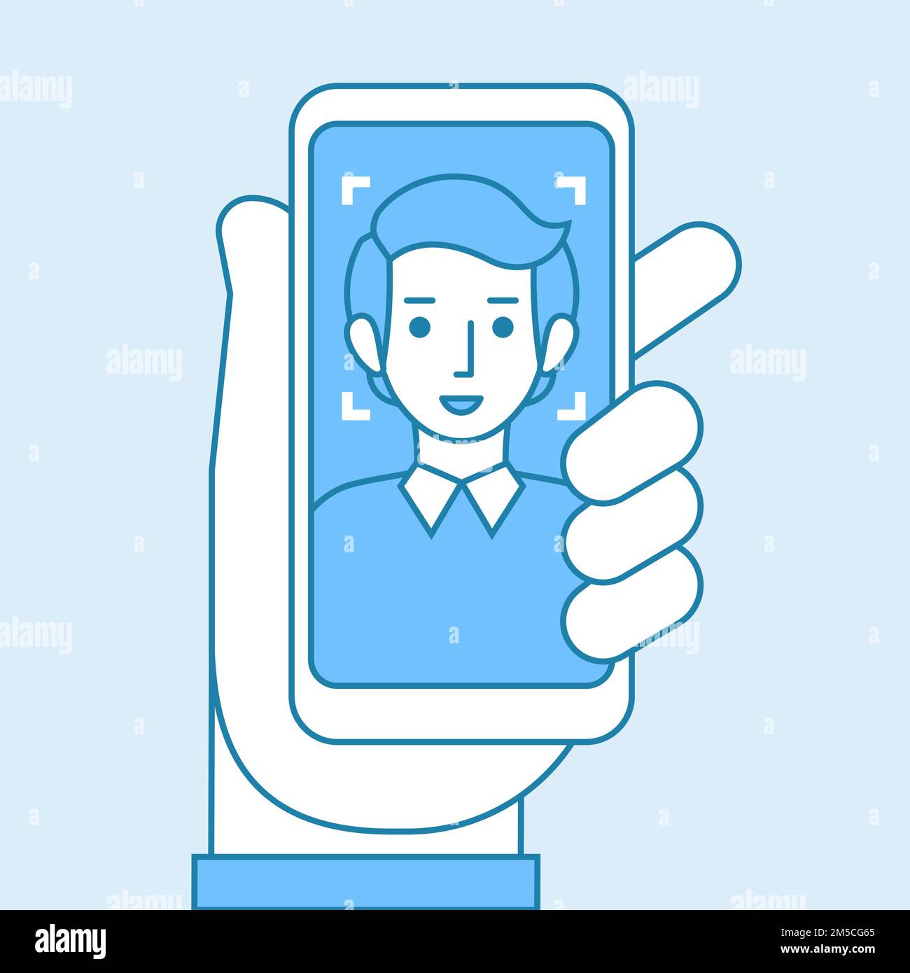 Facial recognition concept. Face ID, face recognition system. Hand holding smartphone with human