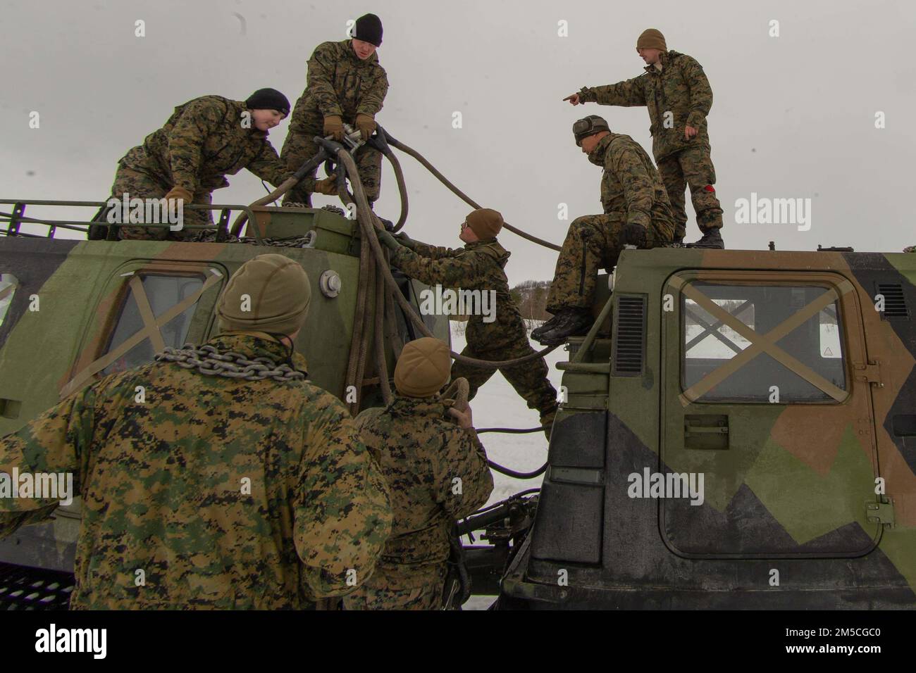 U.S. Marines with 2nd Landing Support Battalion, attached to 3rd Battalion, 6th Marine Regiment, II Marine Expeditionary Force,  prepare a Norwegian Bandvagn 206 to be lifted in preparation for Exercise Cold Response 2022, Bardufoss, Norway, Feb. 28, 2022. Exercise Cold Response '22 is a biennial Norwegian national readiness and defense exercise that takes place across Norway, with participation from each of its military services, as well as from 26 additional North Atlantic Treaty Organization (NATO) allied nations and regional partners. Stock Photo