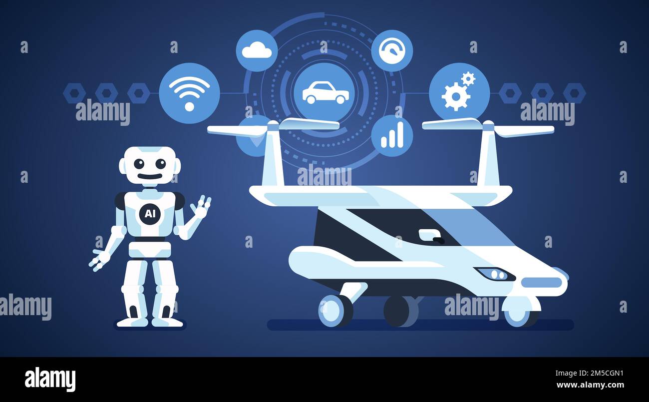 Autonomous car. Flying transport. Self-driving car with robot and icons ...