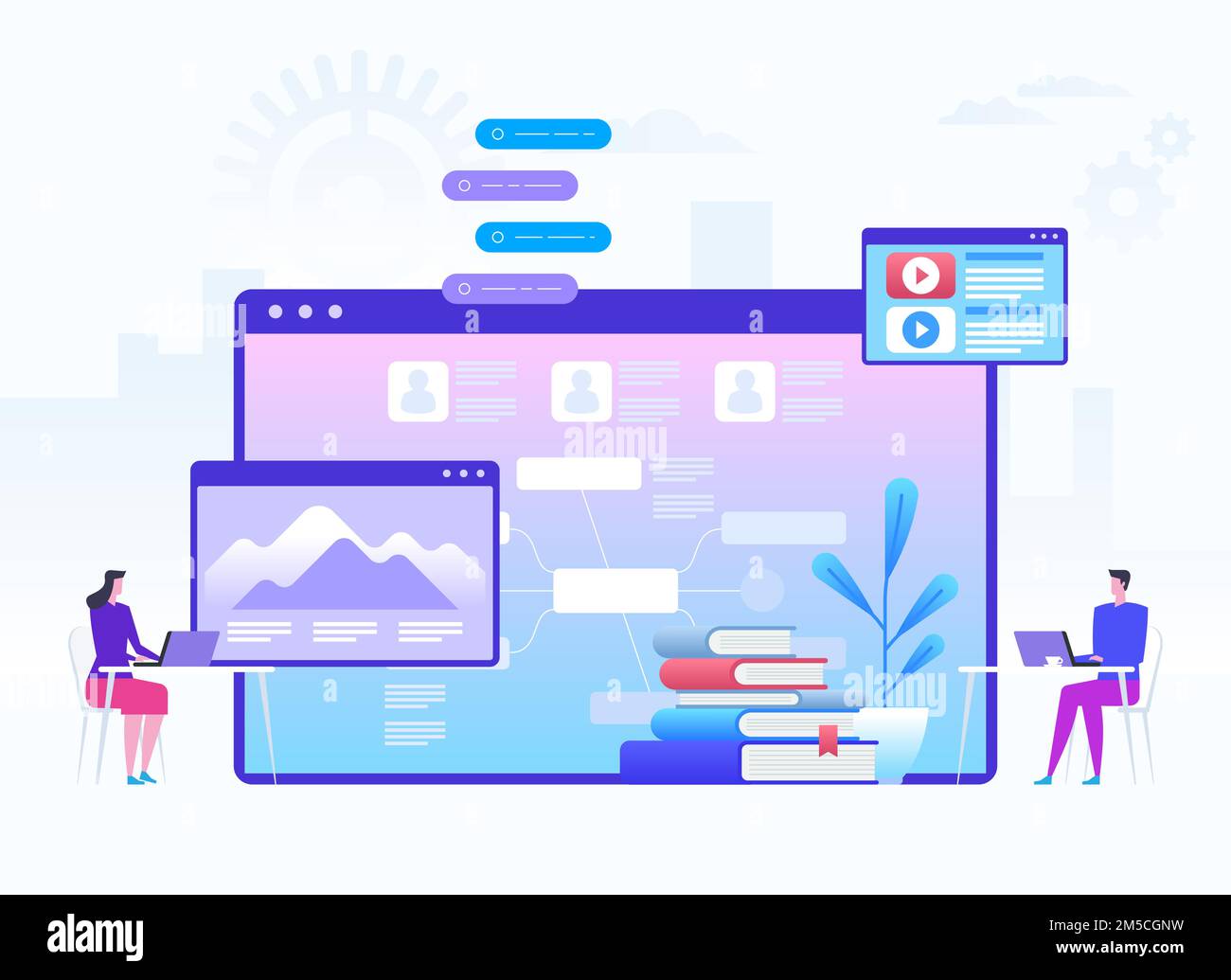 Modern education and virtual learning concept. Students with laptops