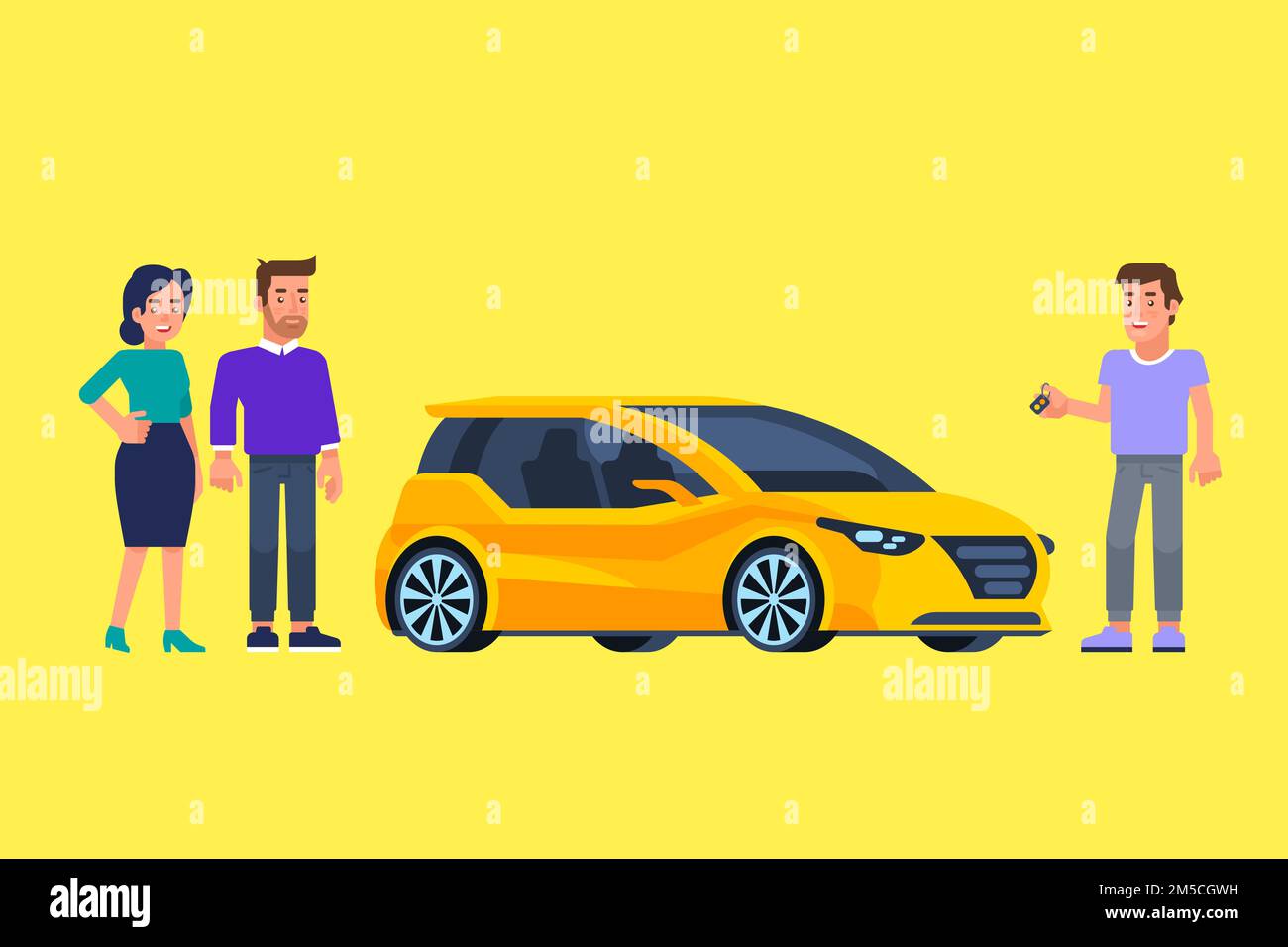 Carpool and car sharing. Happy people in front of the car. Travel by