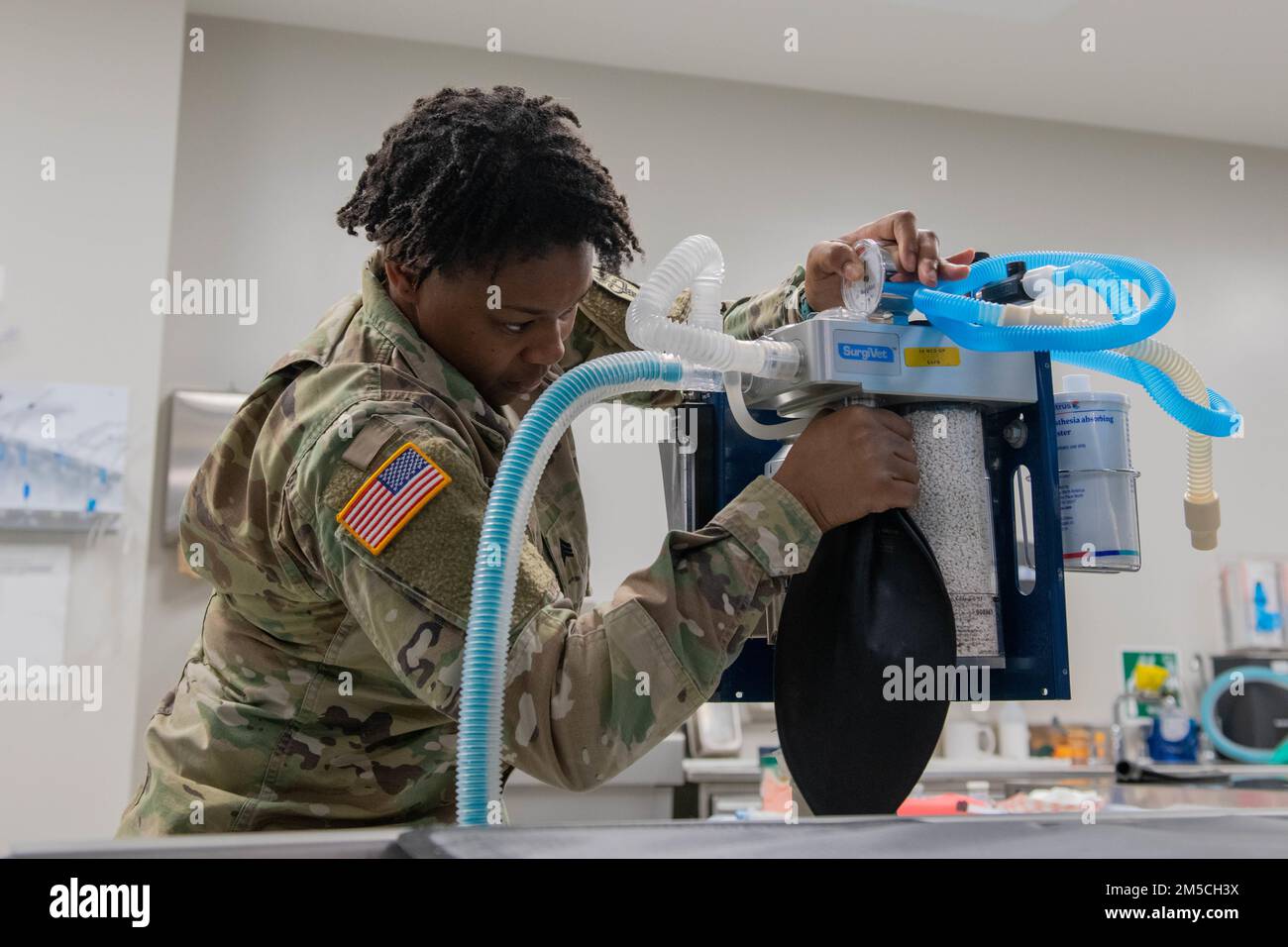 U.S. Army Staff Sgt. Shyyandria Walker, animal care specialist, pressure checks an anesthesia machine at Ellsworth Air Force Base, S.D., March 1, 2022. The base Veterinary Clinic can perform deworming, vaccinations, checkups, nail trims, sick calls, and various surgeries for pets. Stock Photo