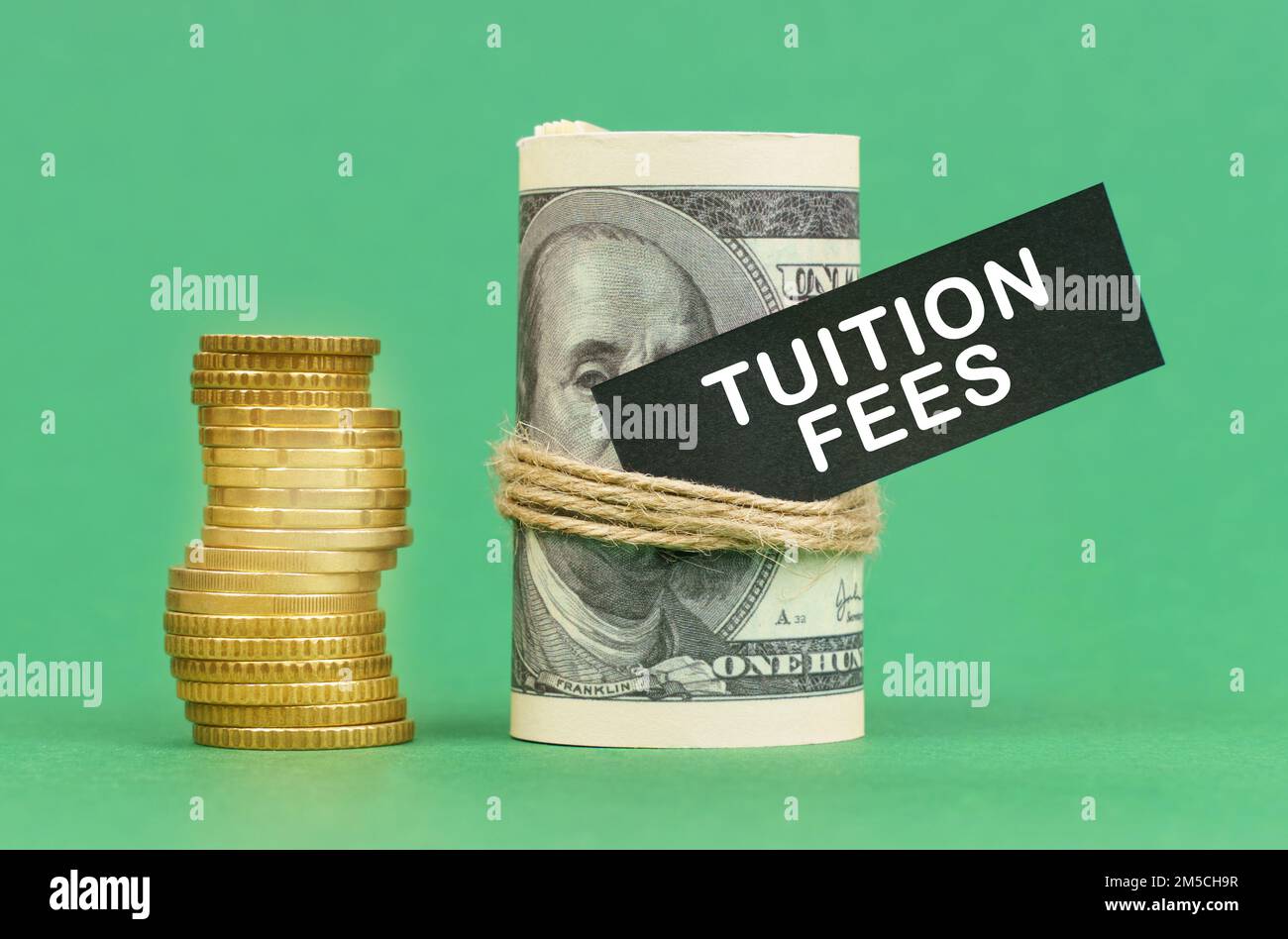 Business concept. On a green surface are coins and dollars in a bundle ...