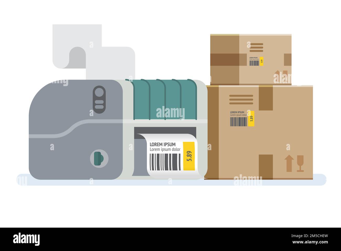 Label printer with boxes. Packaging boxes marked with a bar code ...