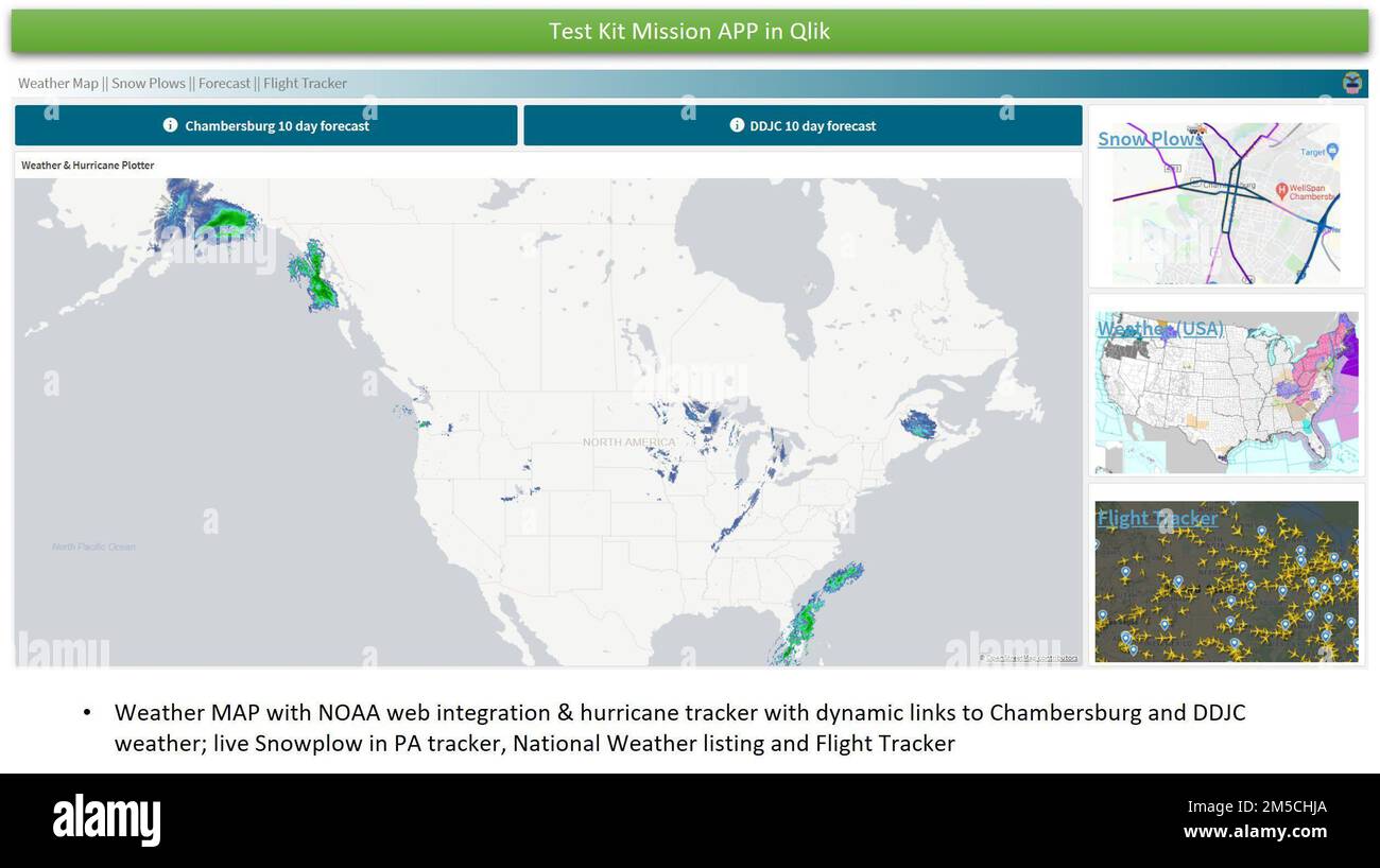 A new Defense Logistics Agency Distribution dashboard application contains a detailed weather map using National Oceanic and Atmospheric Administration web integration and hurricane tracking along with dynamic links to weather in Chambersburg, Pennsylvania and Tracy, California, plus a live Pennsylvania snowplow tracker, national weather listing and flight tracker. Stock Photo