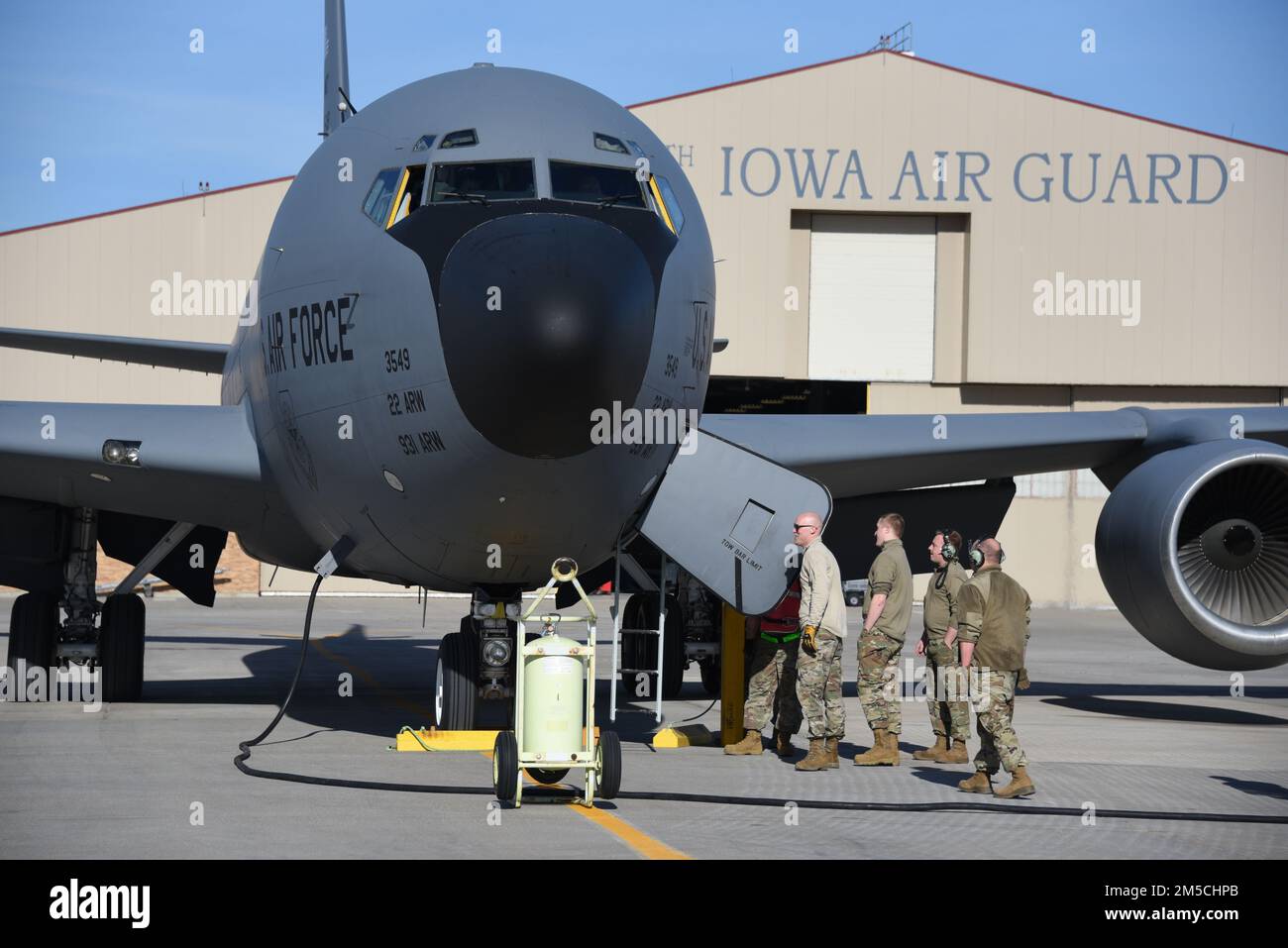 U.S. Air Force KC-135 tail number 62-3549 just assigned to the Iowa Air National Guard is on the ramp at the 185th Air Refueling Wing in Sioux City, Iowa. The aircraft was received from McConnell AFB on March 1, 2022. U.S. Air National Guard photo Senior Master Sgt. Vincent De Groot 185th ARW Wing PA Stock Photo