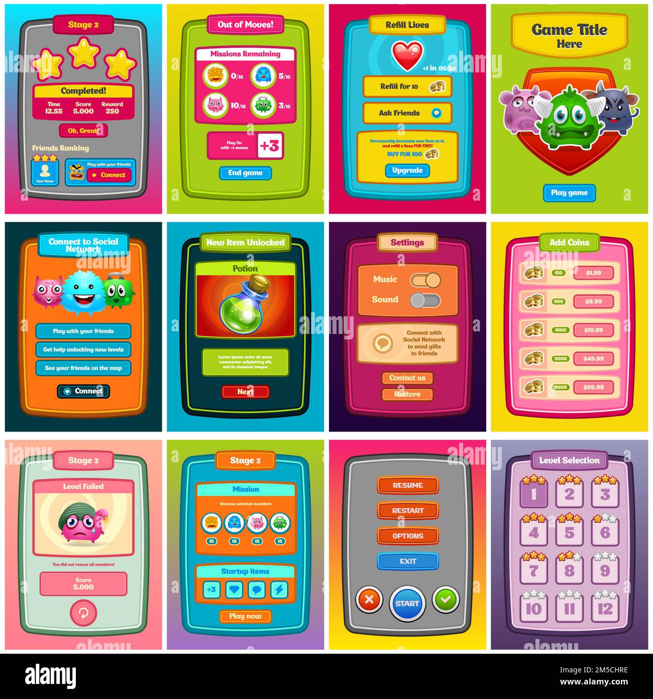 Interface game design. Game UI for web design and computer games. Vector eps 10 Stock Vector