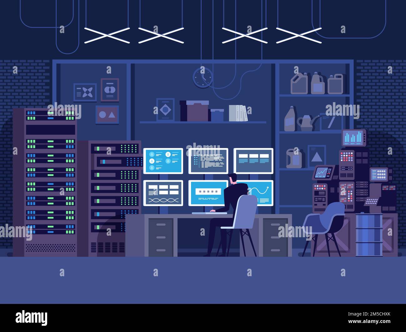 Internet hacker attack and personal data security concept. Computer security technology. E-mail spam viruses bank account hacking. Hacker working on a Stock Vector