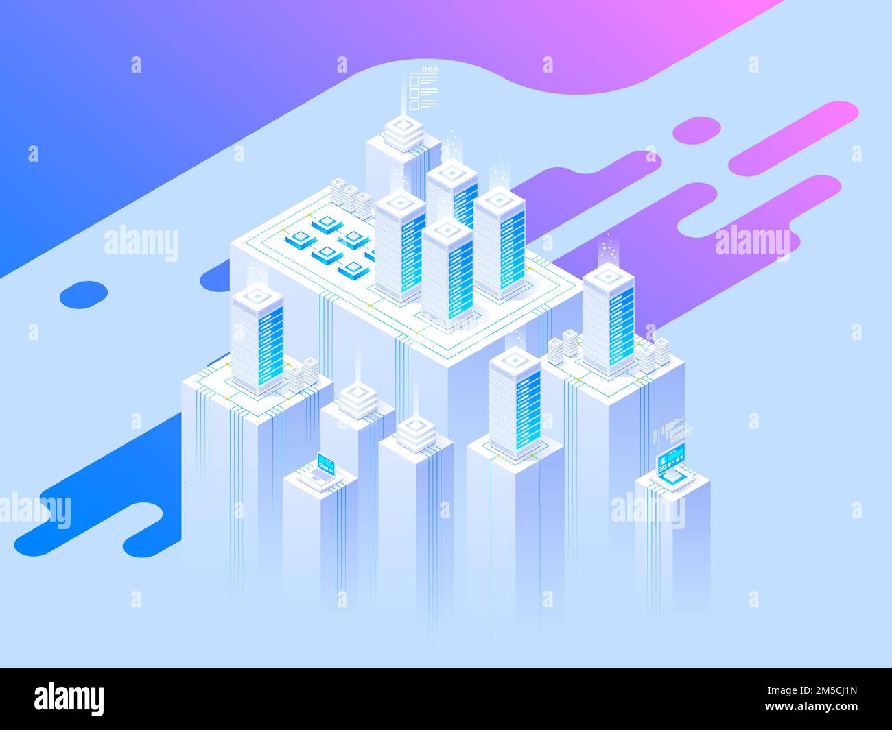 Hosting concept with cloud data storage and server room. Server rack with cloud. Header template. Vector illustration in Isometric style Stock Vector