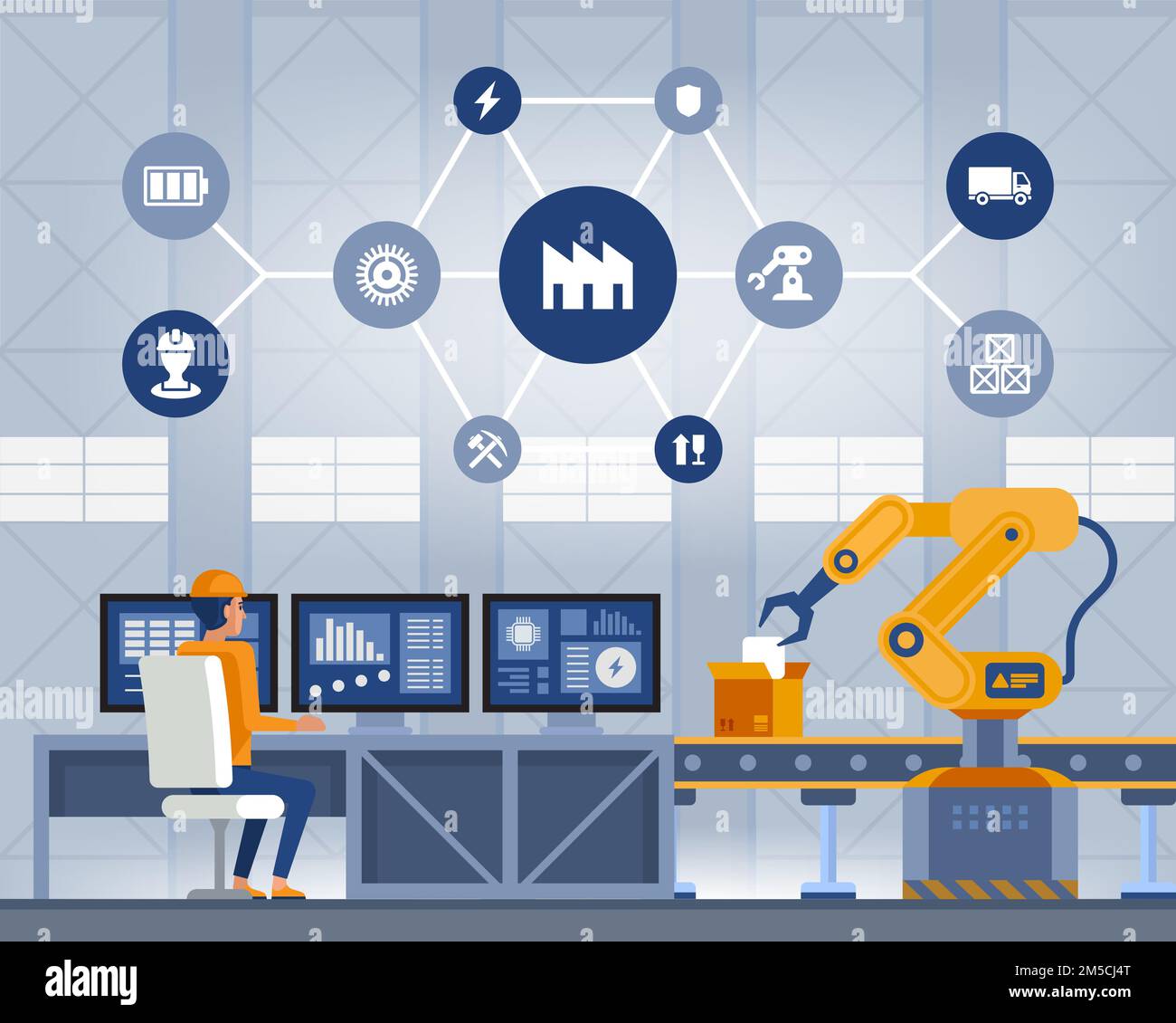 Industry 4.0 Smart factory concept. Workers, robot arms and assembly ...