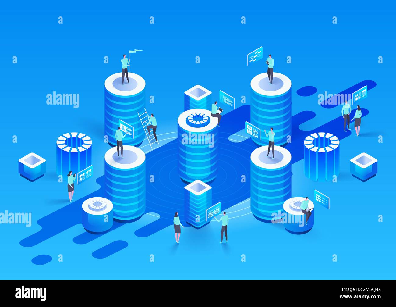 Abstract high technology concept. Data storage. Web cloud technology business. Internet data services. Vector isometric illustration. Stock Vector