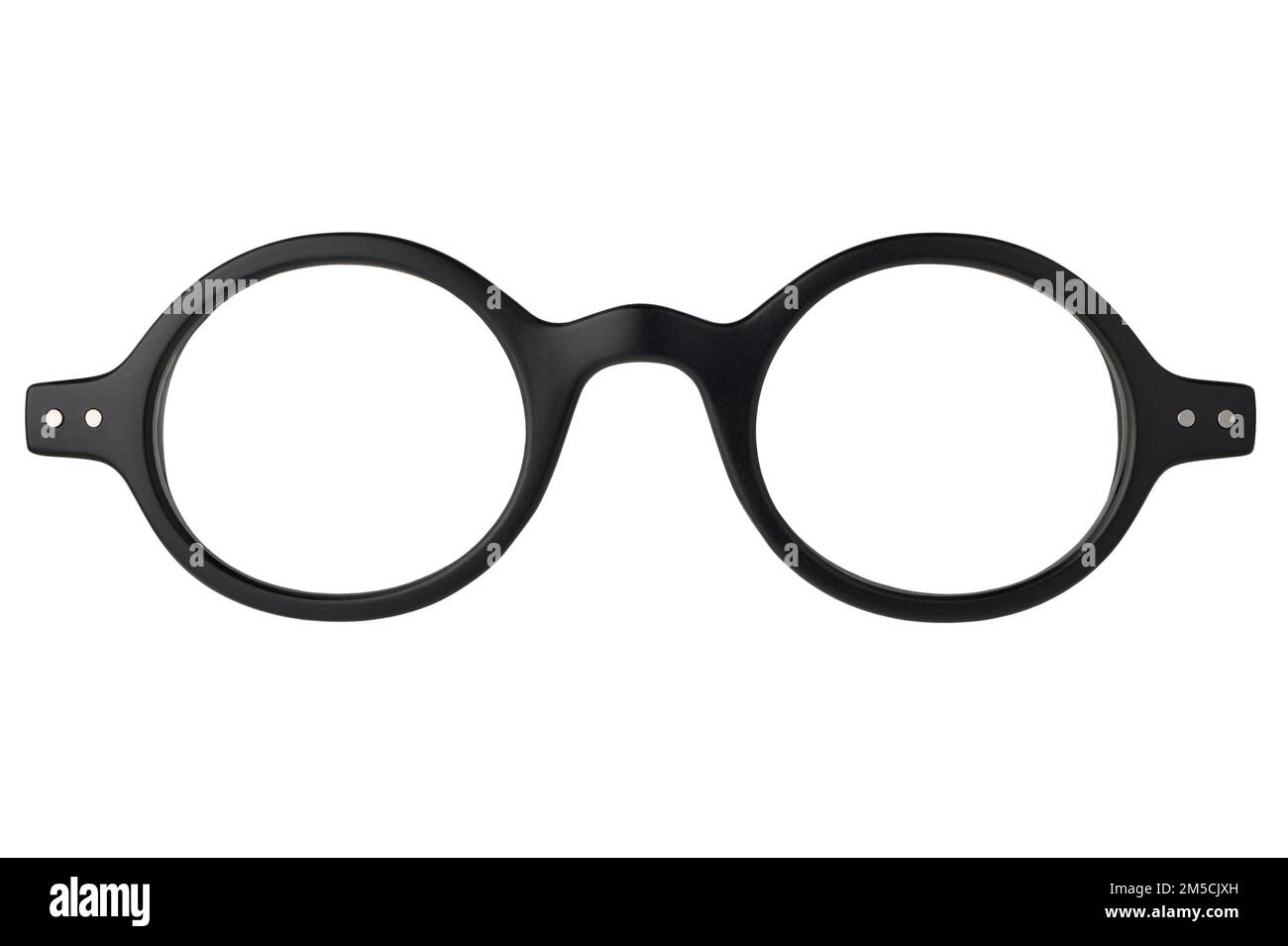 Black round retro-style eyeglasses, direct front view, isolated on white background Stock Photo