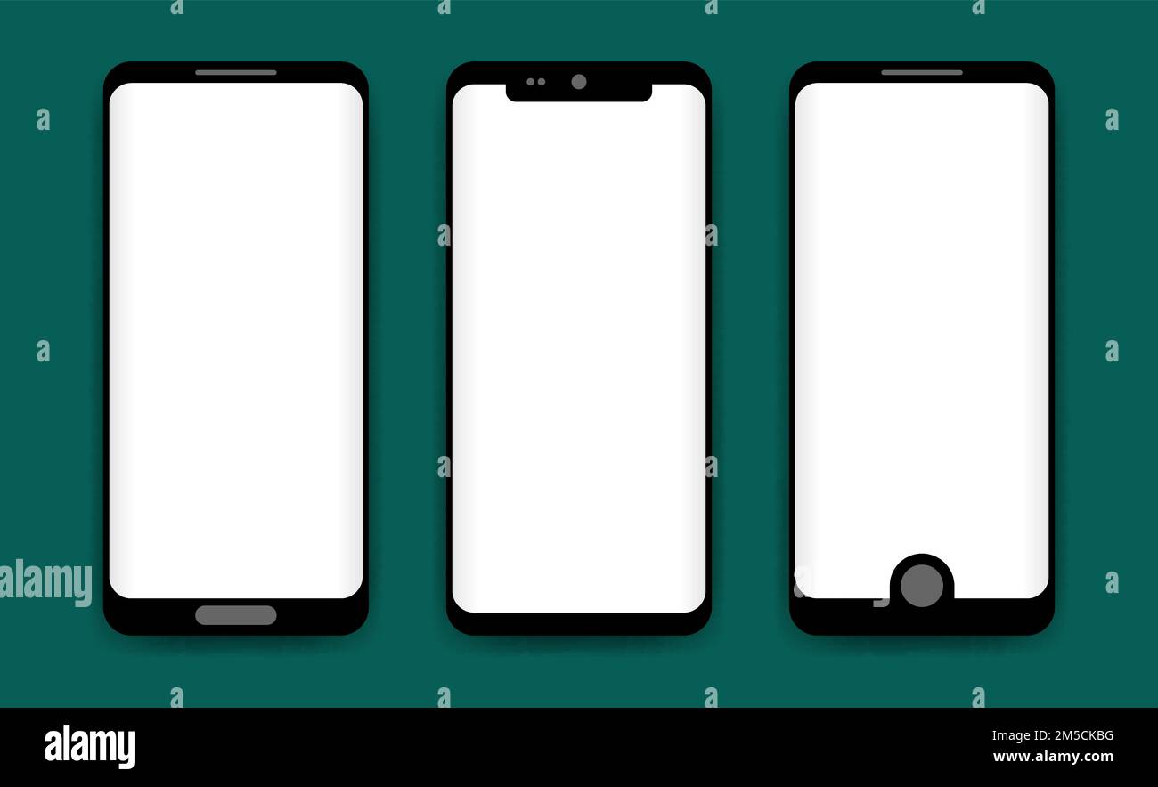 Concept of modern phones with empty screens, realistic mobile templates