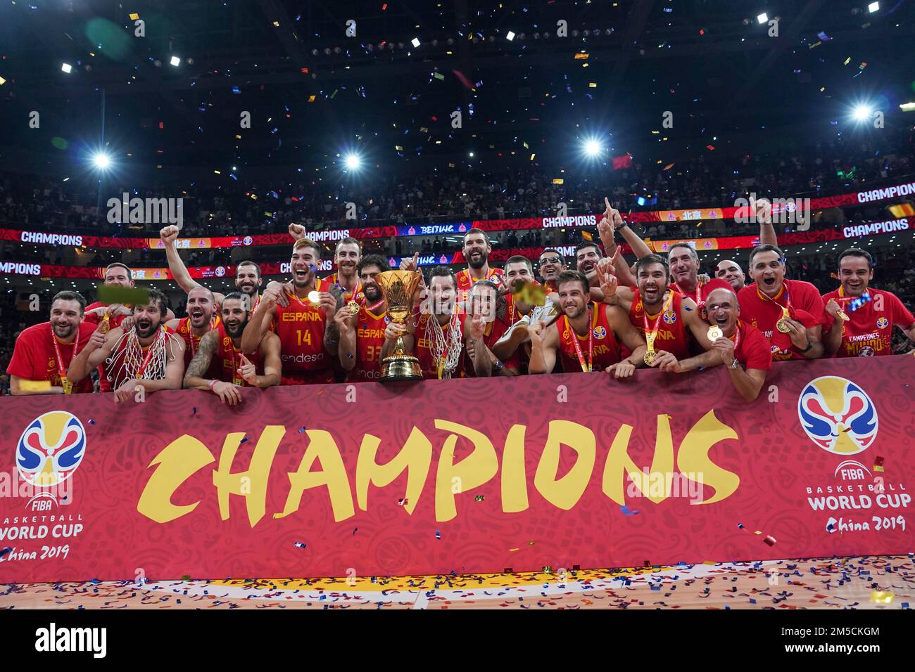 Beijing, China. 15th Sep, 2019. File photo taken on Sept. 15, 2019 shows team Spain celebrate during the awarding ceremony after the final match between Spain and Argentina at the 2019 FIBA World Cup in Beijing, capital of China. Spain overtook the United States to become the new No. 1 team in the FIBA men's world rankings released on November 18. Spain is only the second team to top the rankings since 2010, ending a 12-year run of the United States holding the top position. Credit: Ju Huanzong/Xinhua/Alamy Live News Stock Photo
