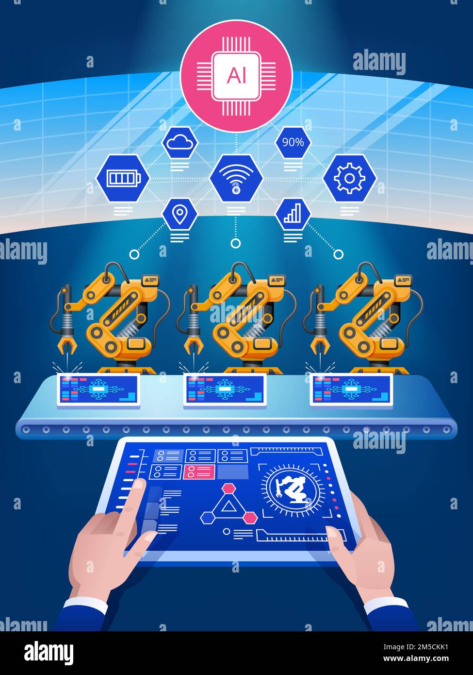 Artificial intelligence Smart industry 4.0, automation and user interface concept: users connecting with a tablet and a smartphone, exchanging data wi Stock Vector