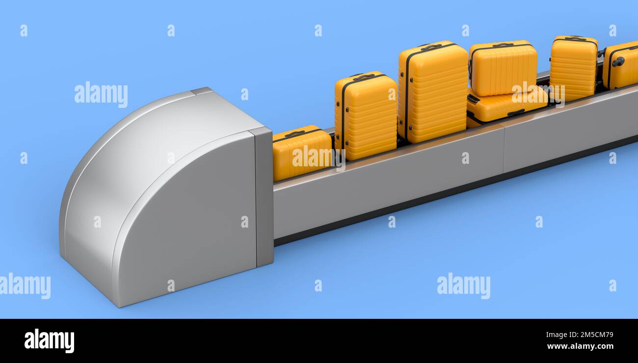 Airport luggage conveyor belt or baggage claim area with suitcases on blue background. 3d render