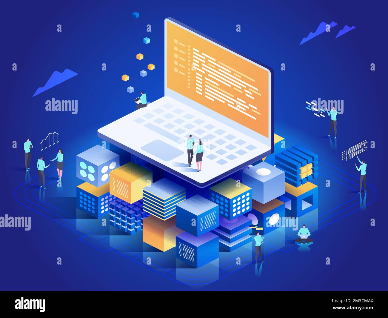 Software, web development, programming concept. People interacting with laptop,  charts and analyzing statistics. Technology process of Software devel Stock Vector