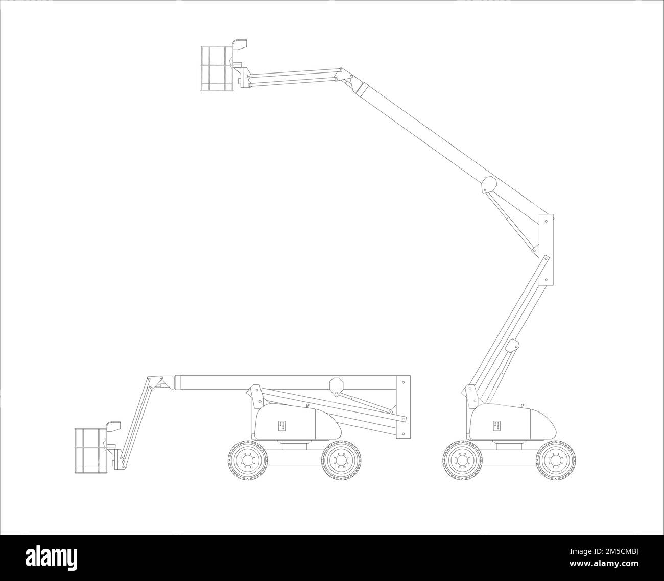 Set of vector sketches of self-propelled telescopic lifting platforms. Transport and working position. Vector illustration. Stock Vector