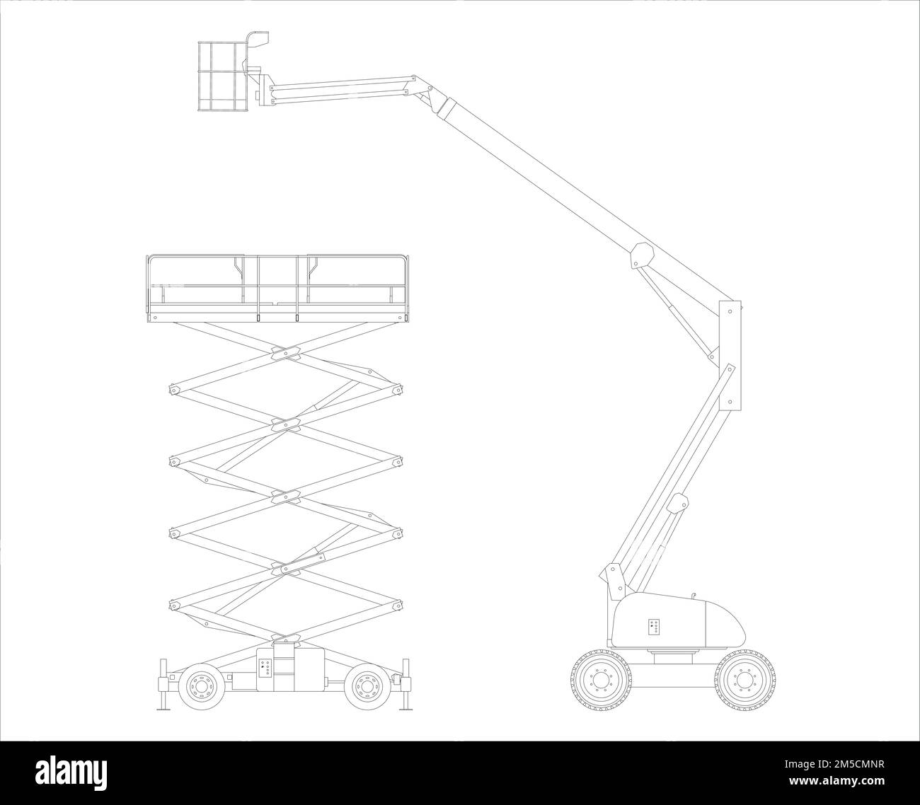 Set of vector sketches of self-propelled construction lifting platforms. Scissor and knee lift. Flat vector illustration. Stock Vector