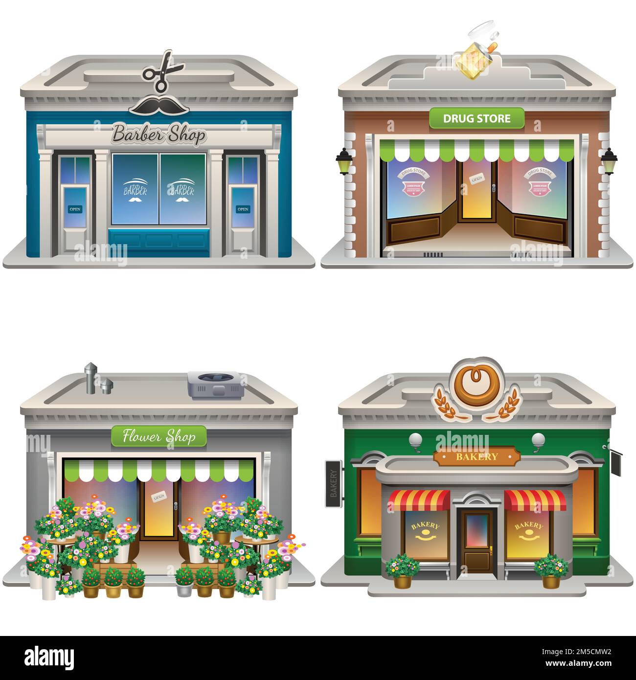 Buildings. Barber shop, Drug store, Flower shop, Bakery. Vector eps 10 Stock Vector Image & Art