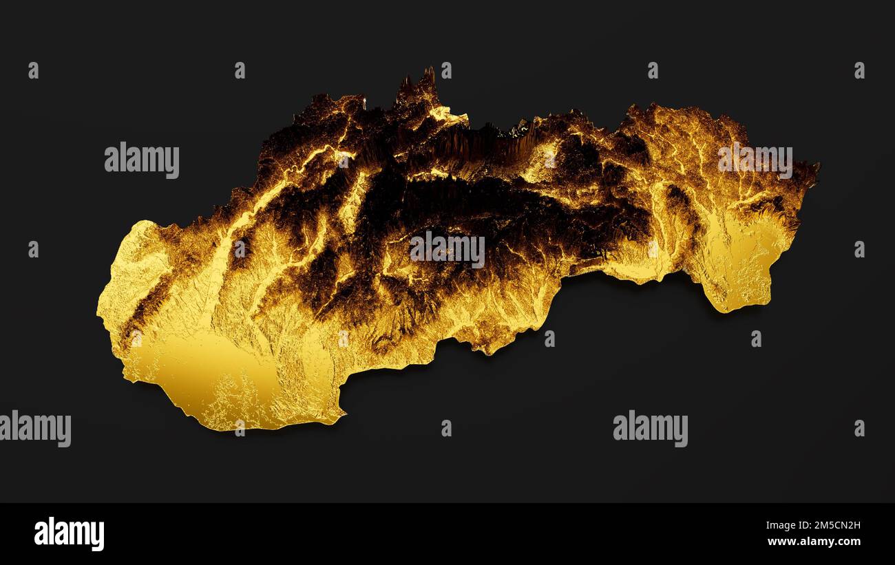 A 3D rendering of a golden Slovakia map isolated on black background Stock Photo