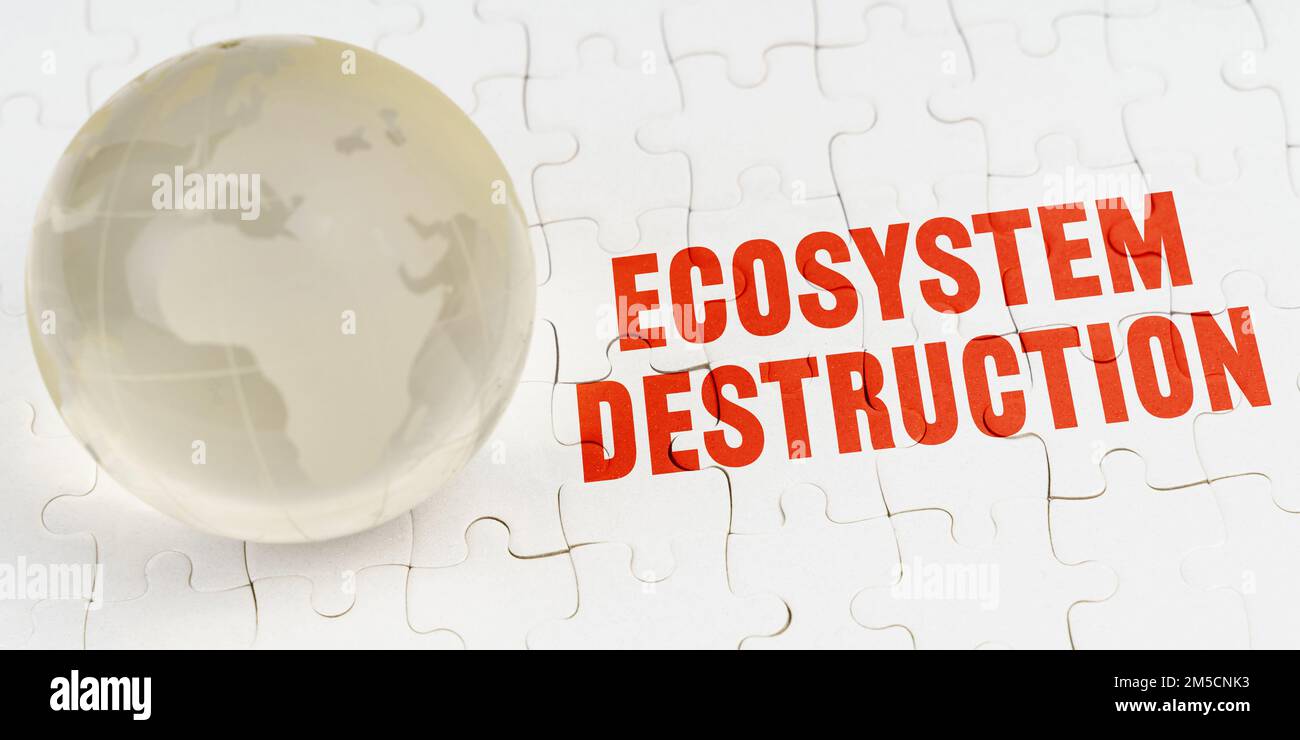 Ecological concept. On white puzzles there is a glass globe and the ...