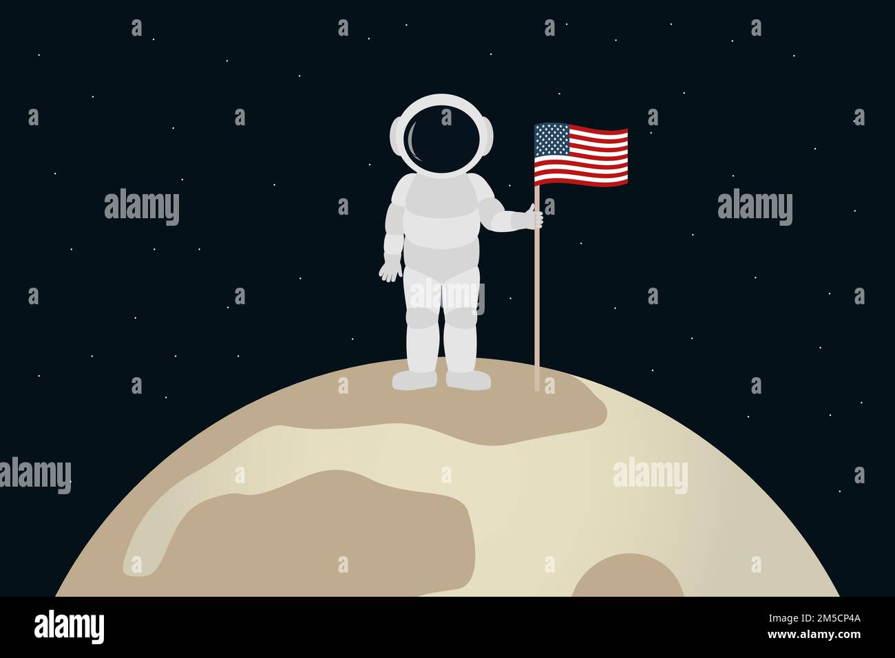 American cosmonaut stand on moon and hold flag of USA. Cartoon style. Vector illustration. Stock Vector