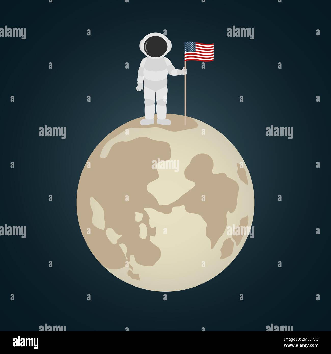 American astronaut stand on moon and hold flag of USA. Cartoon style. Vector illustration. Stock Vector