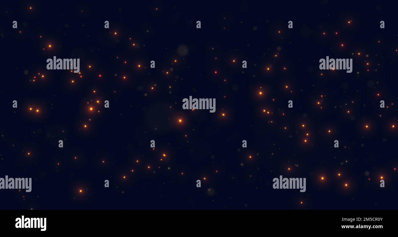 Moving in space luminous and sparkling orange particles on a blue ...