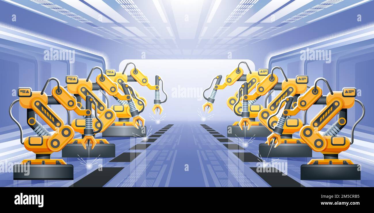 Smart industry 4.0. Modern smart factory with Conveyor and robotic arms. Vector concept illustration Stock Vector