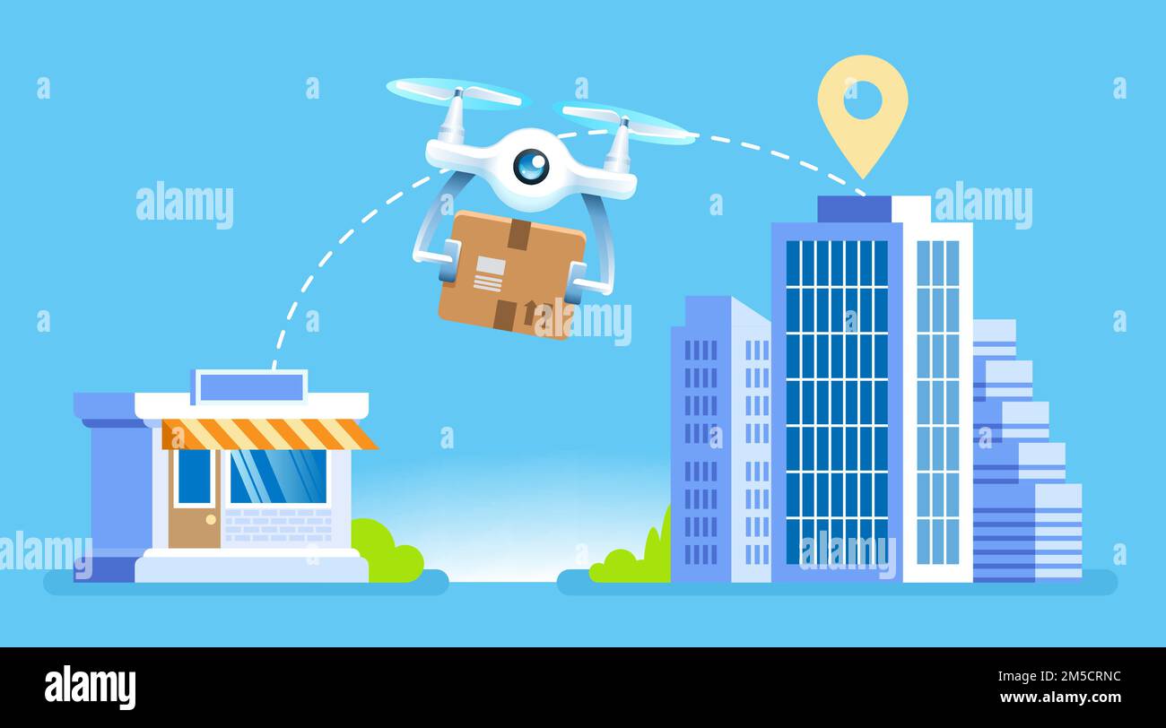 Drone delivery Drone with package flying from store to modern buildings Stock Vector