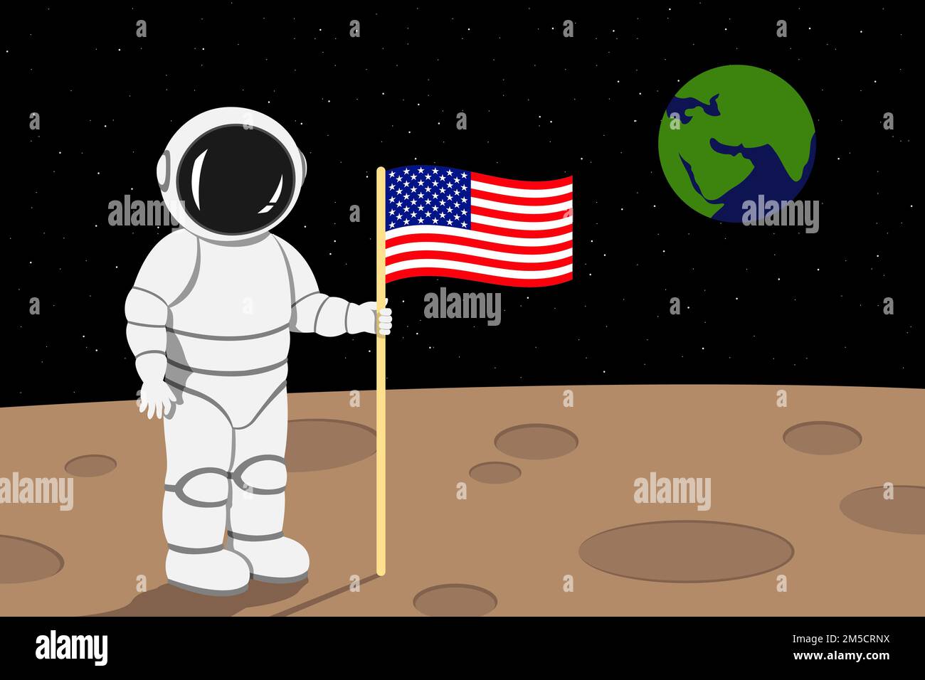 American astronaut stand on moon surface and hold flag of USA. Vector illustration. Stock Vector