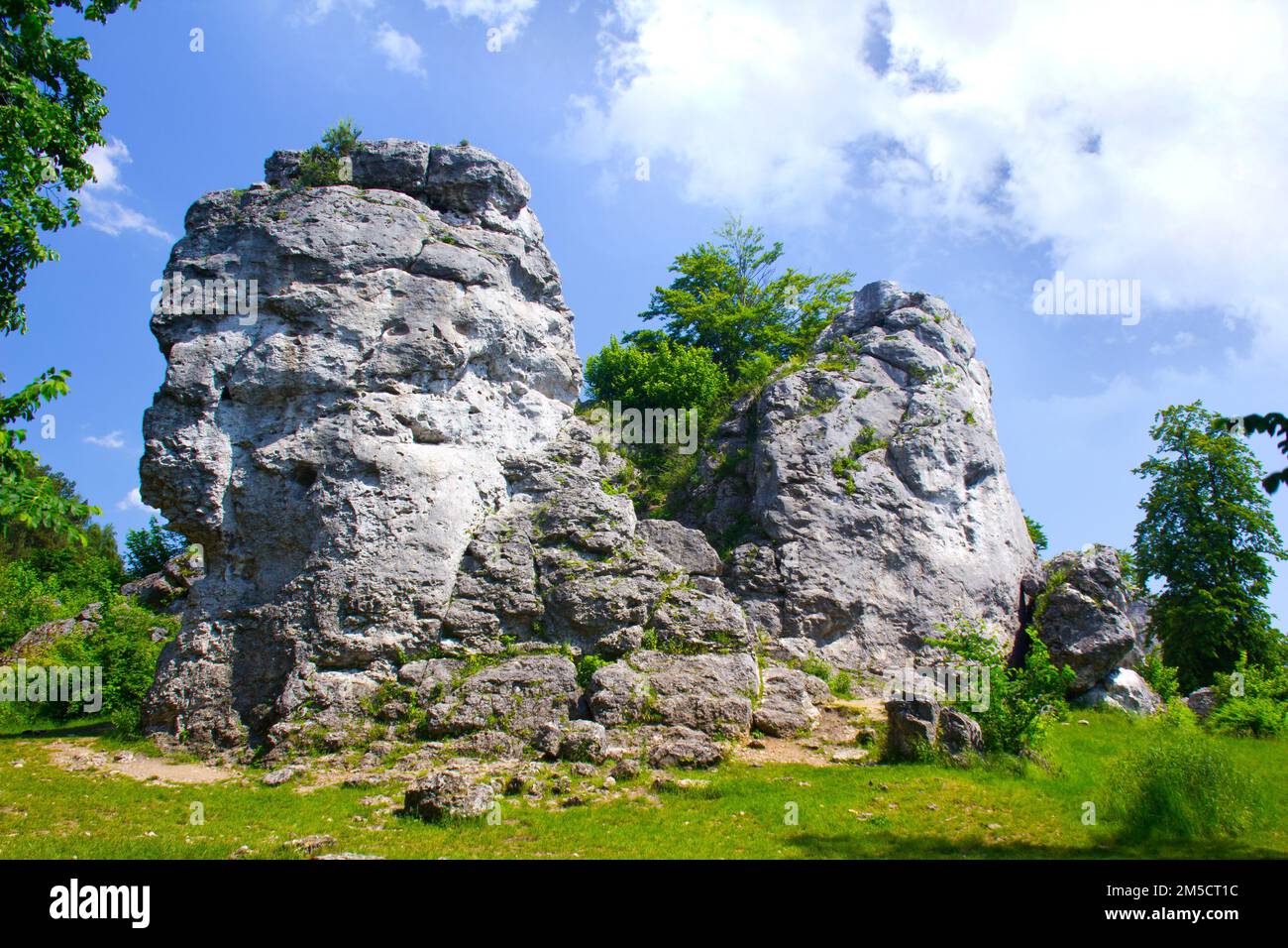 Limestone rock formation called Mlynarz at peak of Gora Zborow, Podlesice, Poland Stock Photo