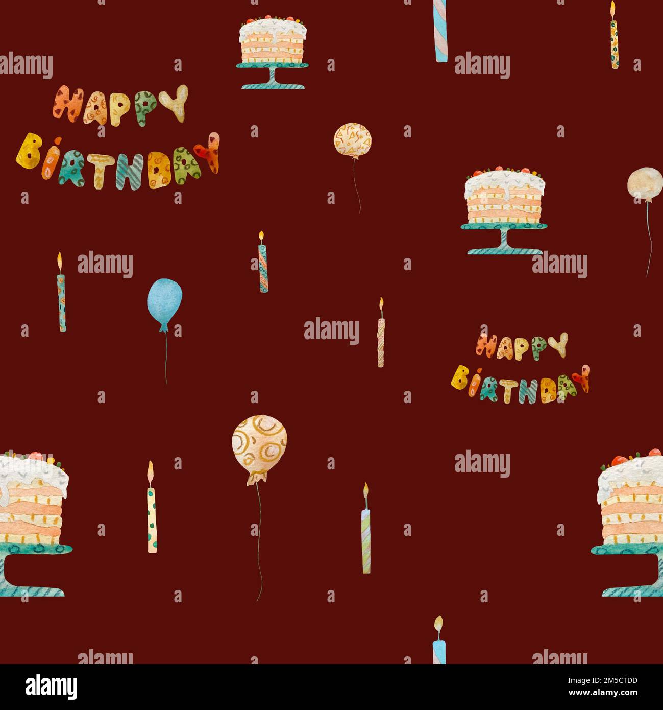 Happy birthday cute candle red pattern watercolor Stock Photo - Alamy