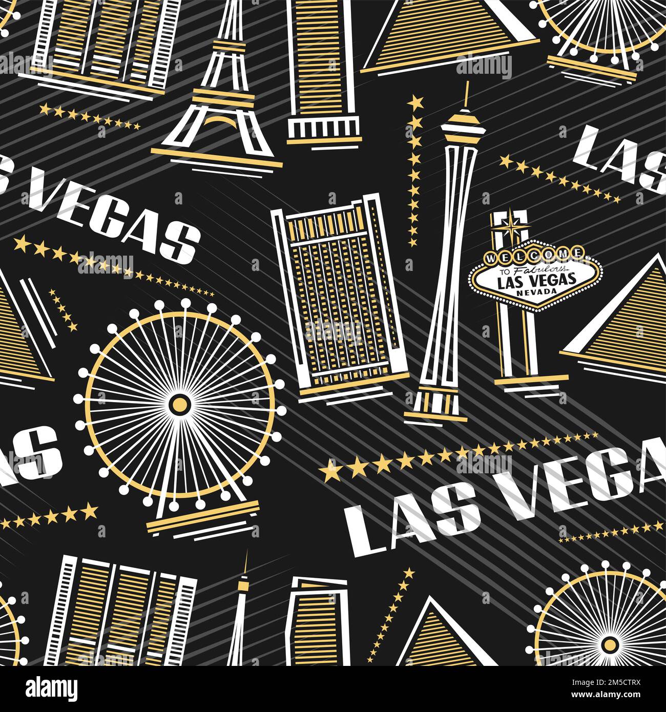 Vector Las Vegas seamless pattern, square repeating background with illustrations of simple outline buildings on dark background for wrapping paper, d Stock Vector