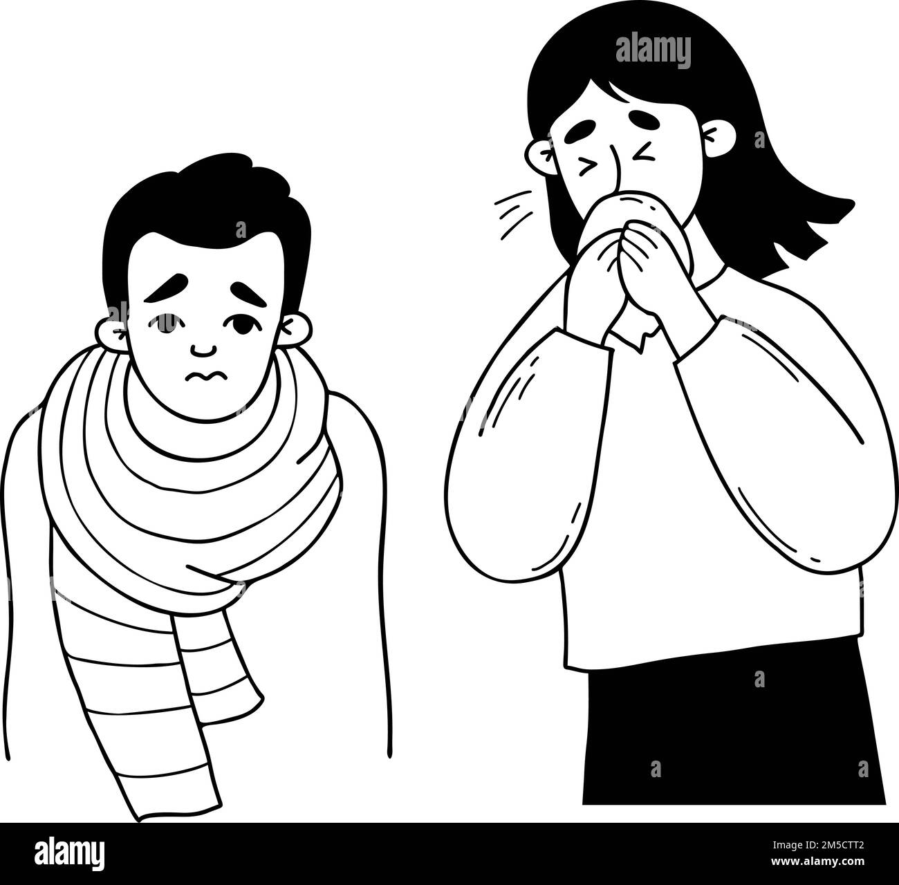 Couple of sick people with cold. Frozen sad guy wrapped in scarf. Girl sneezing into handkerchief. Vector outline illustration in doodle style. Cold s Stock Vector