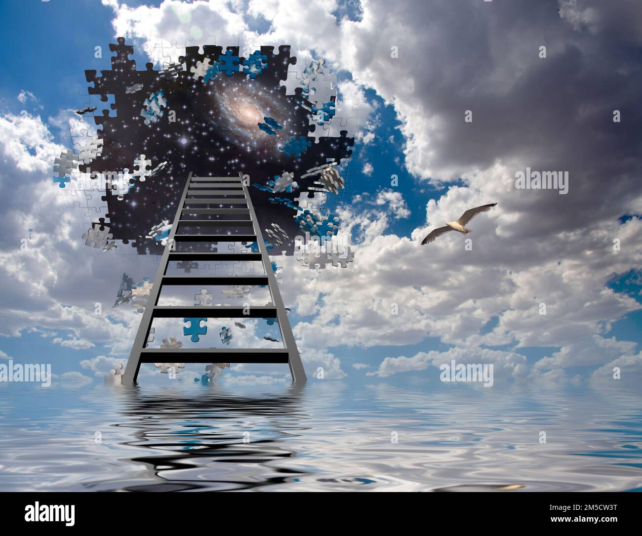 Puzzle Piece Hole in Sky, Falling Pieces and Ladder. 3D rendering Stock