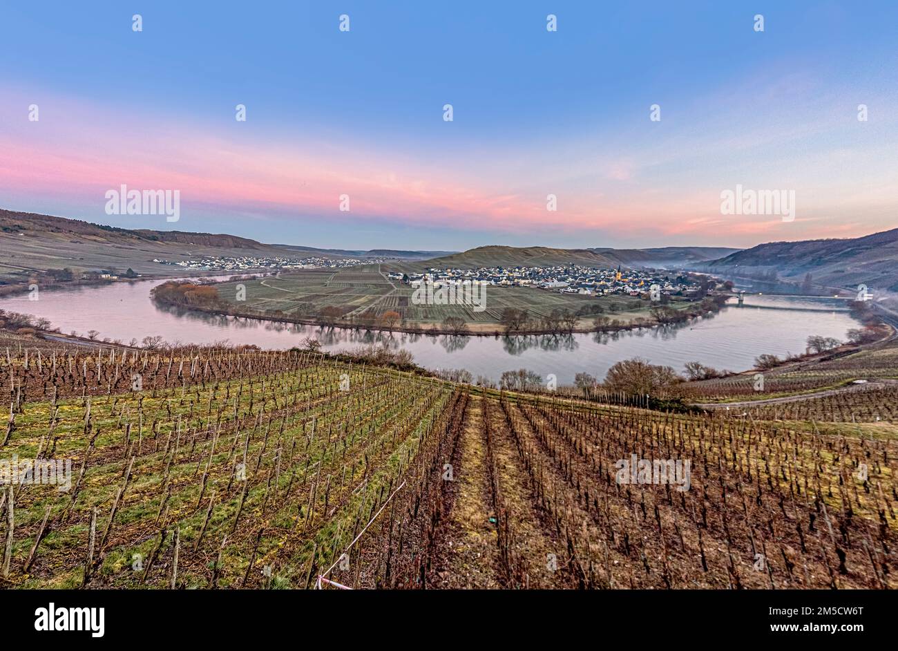 scenic moselle river loop with village Trittenheim seen from Leiwen ...