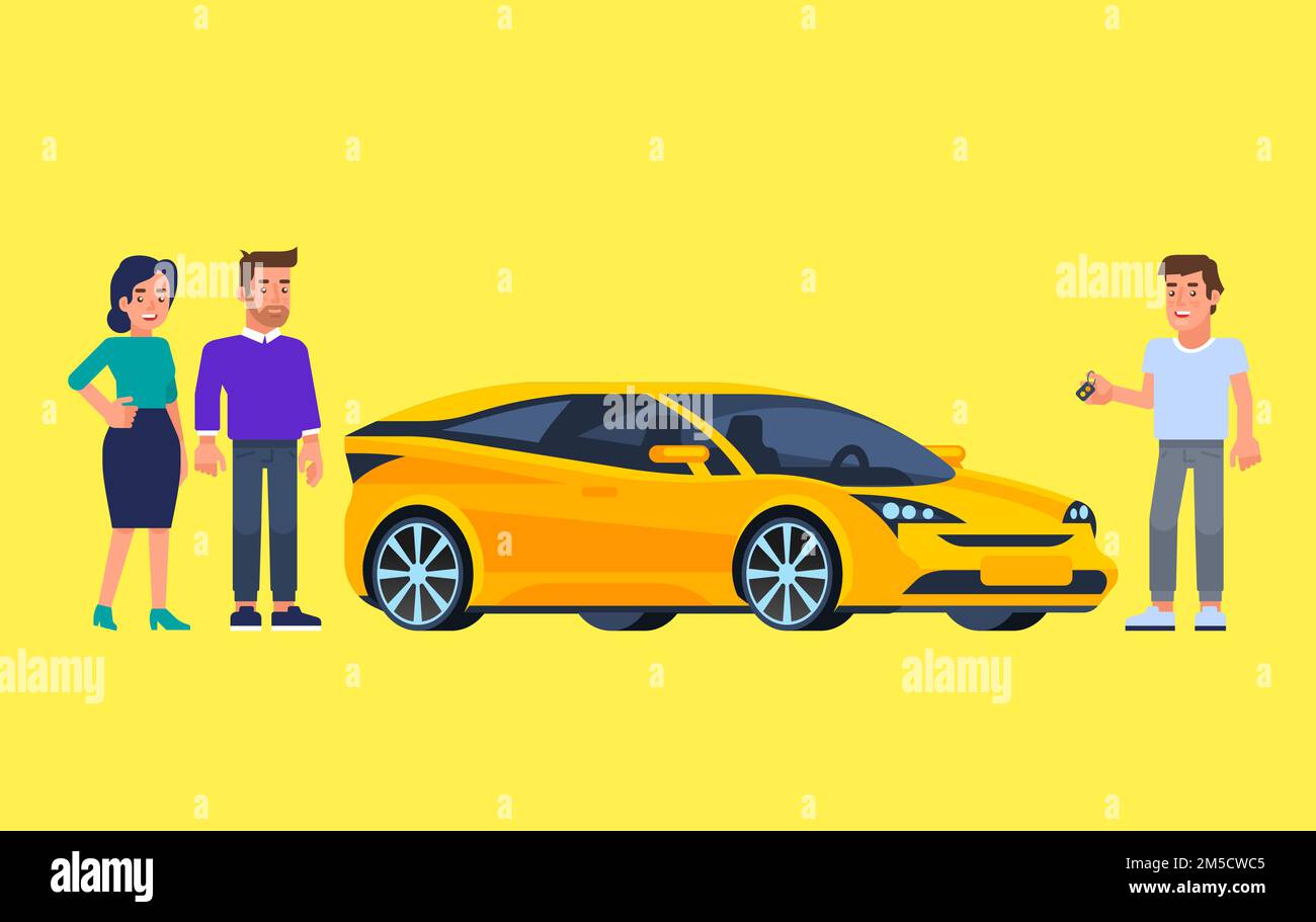 Carpool and car sharing. Happy people in front of the car. Travel by