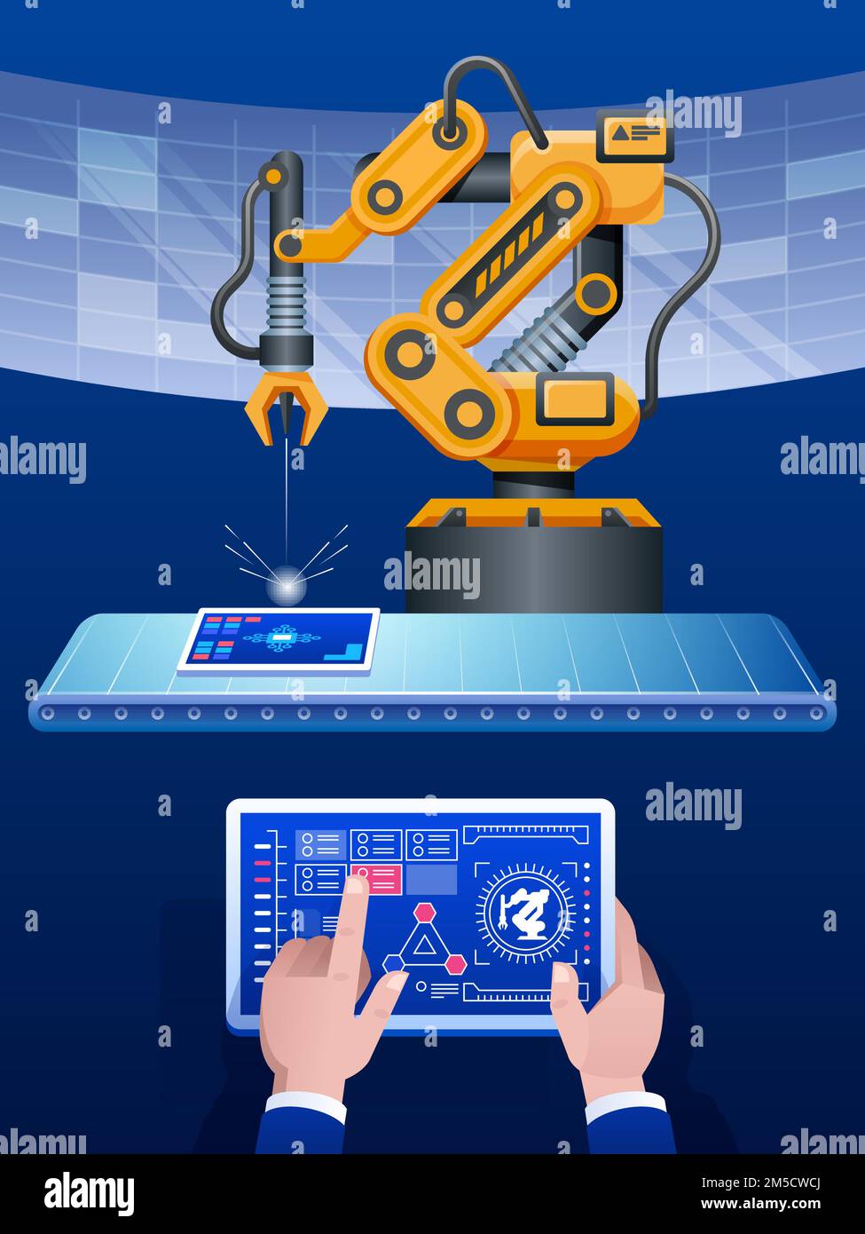 Industry 4.0 concept .Man hand holding tablet and yellow tone of automate wireless Robot arm in smart factory background Stock Vector