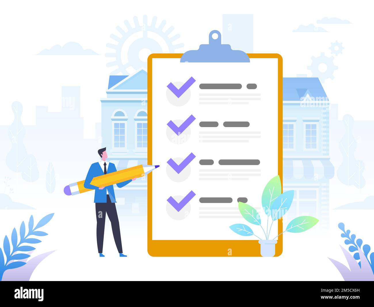 Successful completion of business tasks. Positive business man with a giant pencil on his shoulder nearby marked checklist on a clipboard paper. Flat Stock Vector