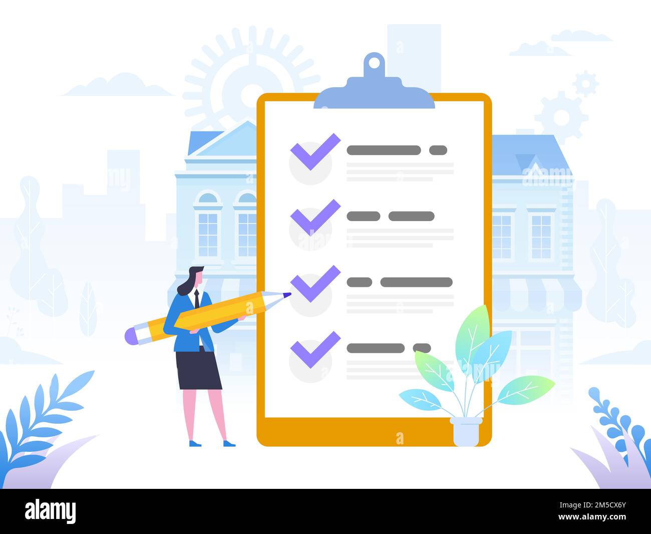 Successful completion of business tasks. Positive business man with a giant pencil on his shoulder nearby marked checklist on a clipboard paper. Flat Stock Vector