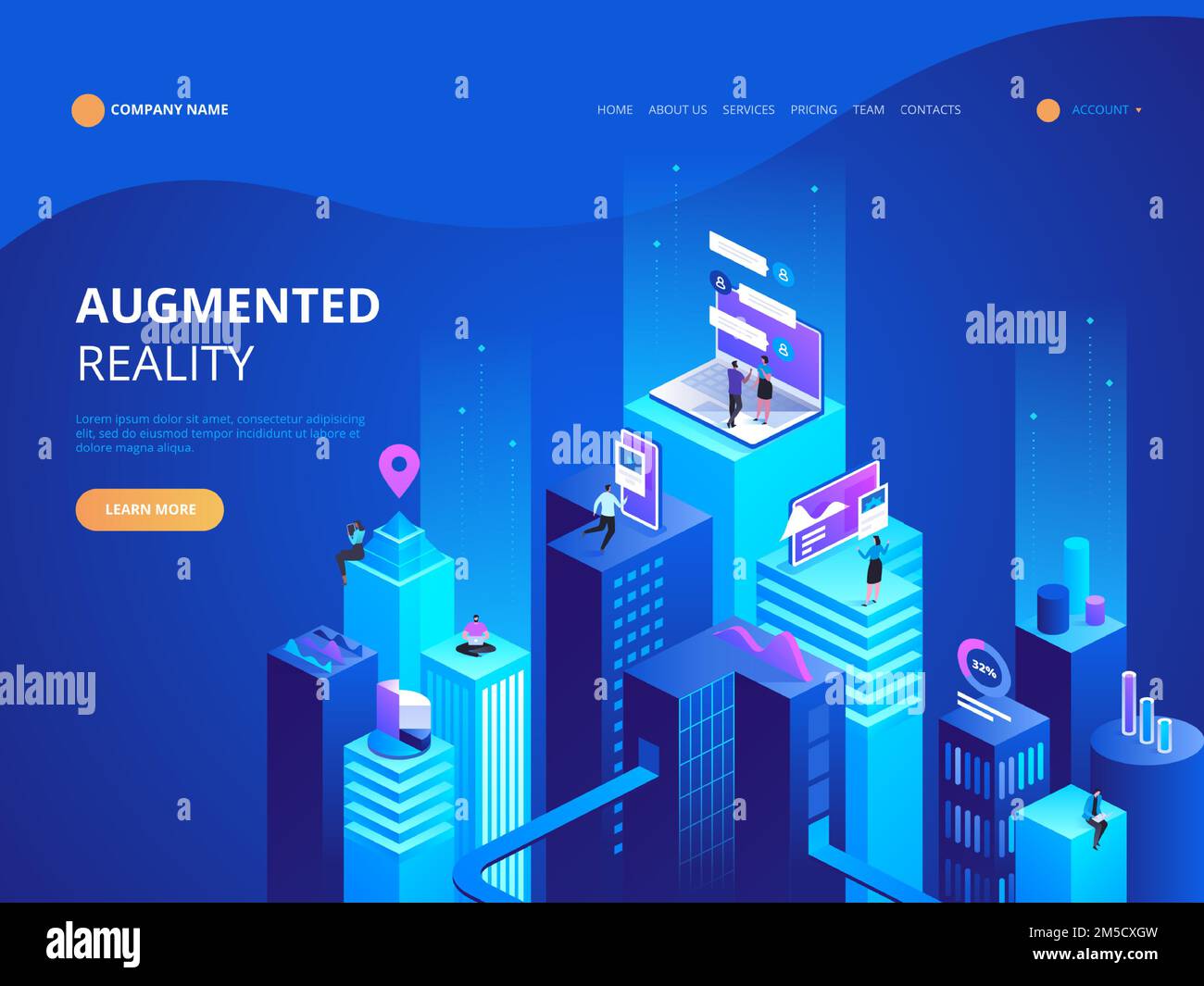Isometric concept virtual reality and augmented reality AR and VR Development. Digital Media Technology for website and mobile app. Software developme Stock Vector