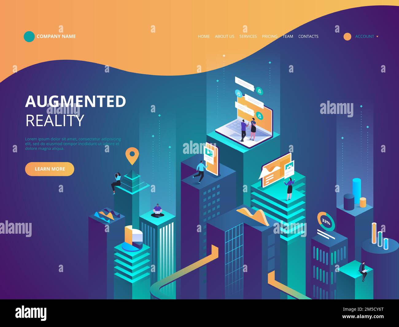 Isometric concept virtual reality and augmented reality AR and VR Development. Digital Media Technology for website and mobile app. Software developme Stock Vector