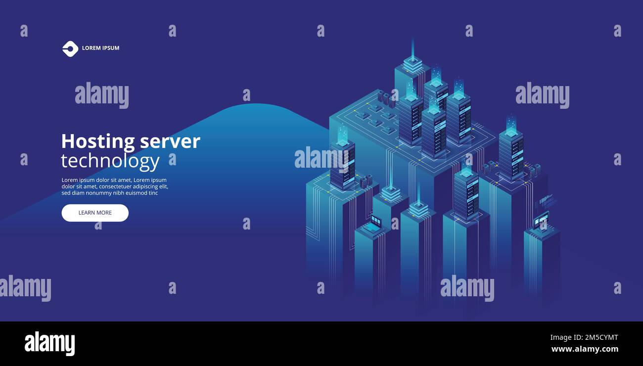 High detailed isometric vector illustration. Hosting server technology. Landing page template. Header for website. Stock Vector
