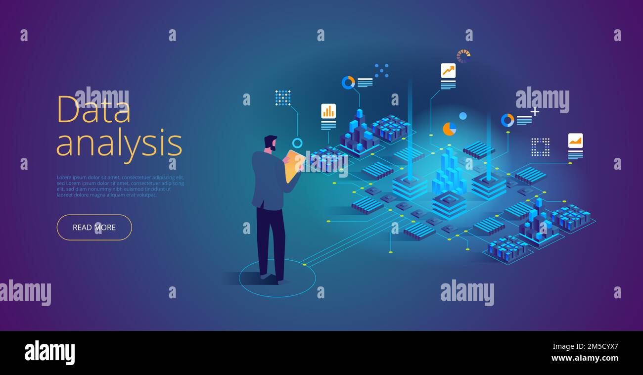 Vector isometric concept of Data analysis. Network mainframe ...