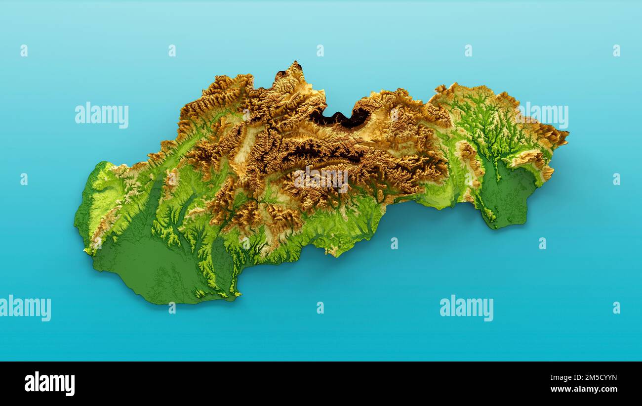 A 3D rendering of shaded relief green and brown Slovakia map isolated on white background Stock Photo